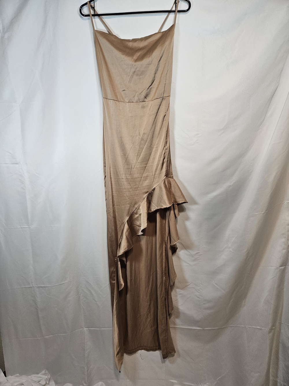 PrettyLittleThing Champagne Satin High-Low Ruffle Slip Dress